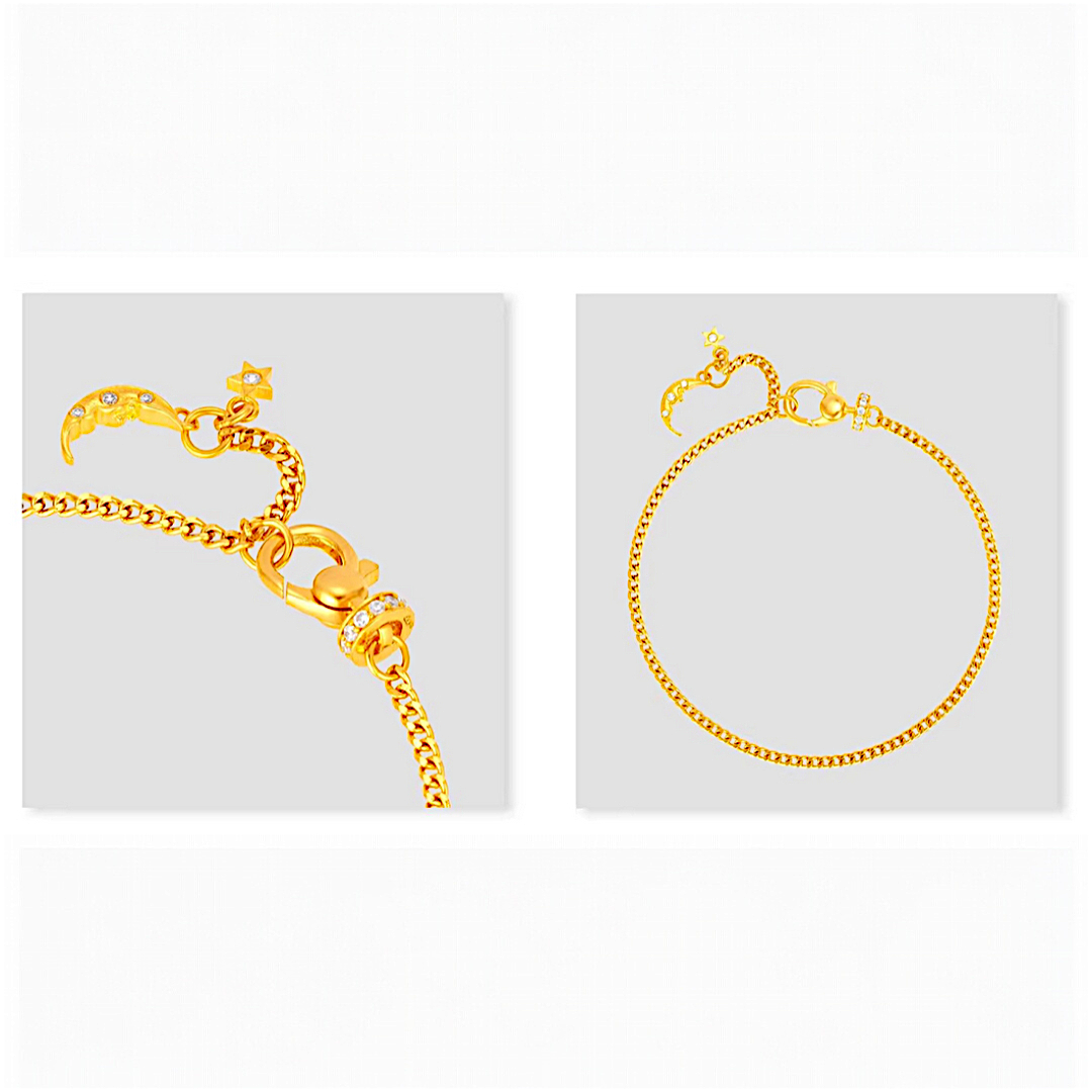 24k Pure Solid 999 Gold Moon Charm Beads Chain Bracelet