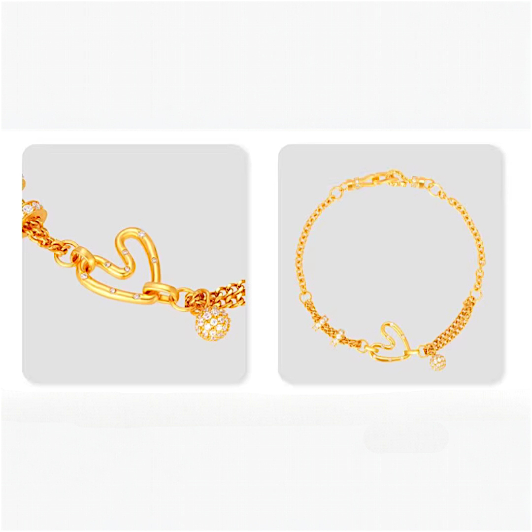 24k Pure 999 Gold Heart Charm Chain and Link Bracelet