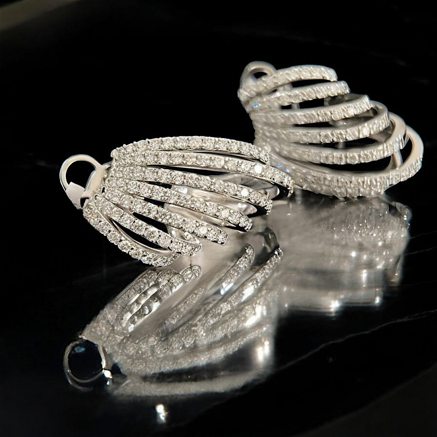 18K White Gold Diamond Striped Unique and Trendy Stud Earrings