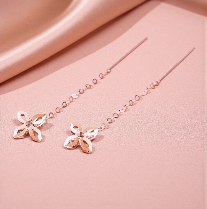18K Gold Rose Gold Unique and Trendy Threader Lucky Clover Star Earrings