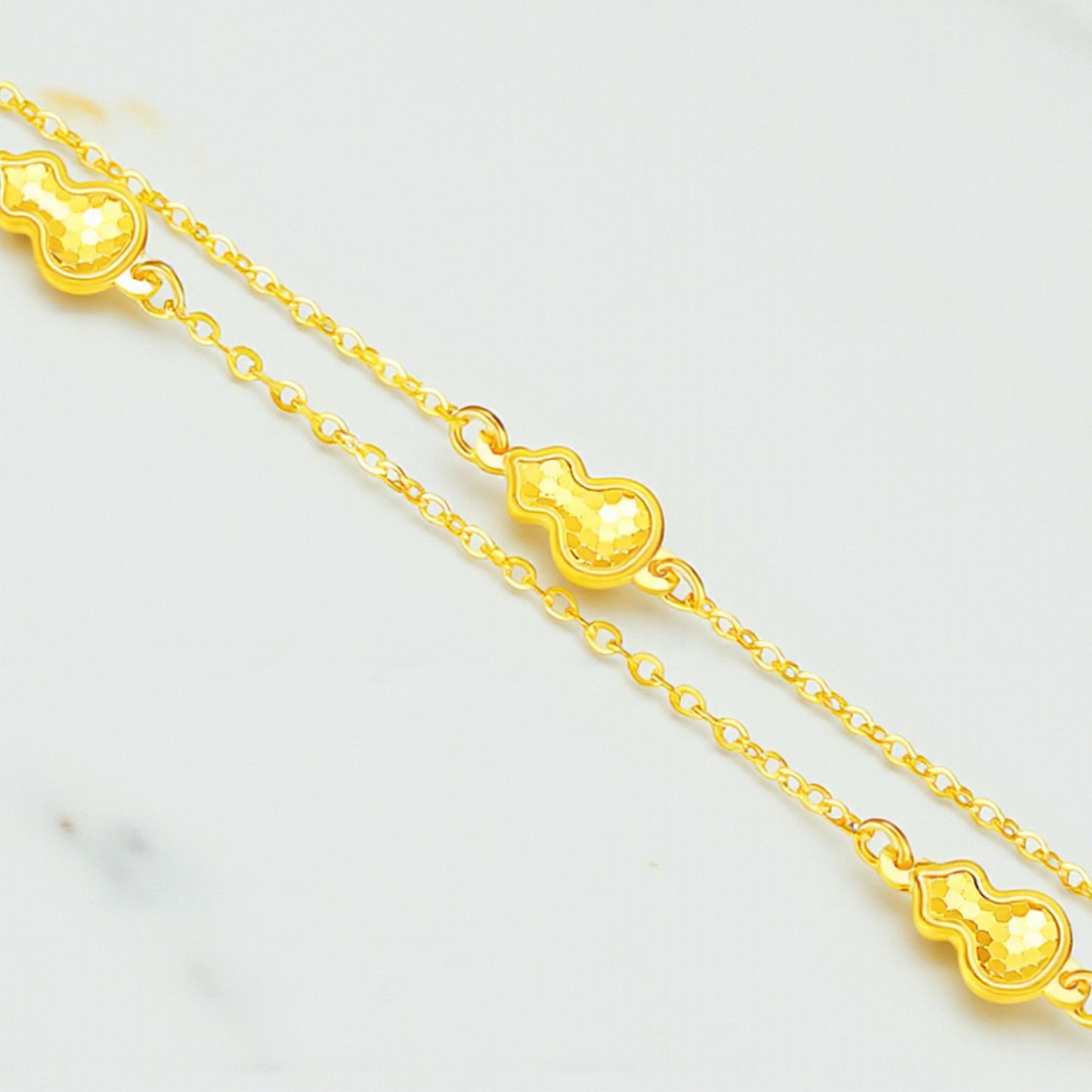 24K Yellow 5G Gold Shinning Gourd Charm Lucky Fortune Chain Bracelet