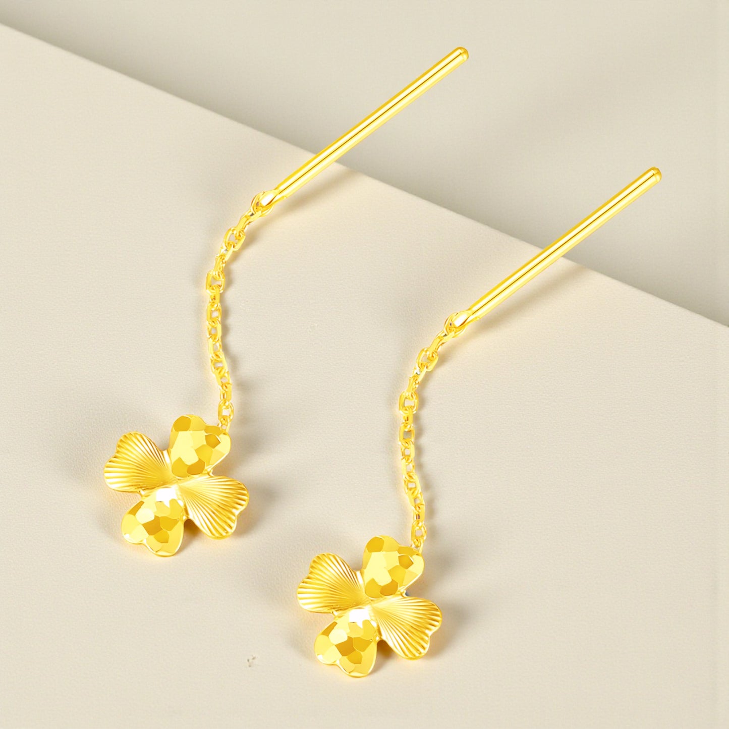 24K Authentic Pure Gold Trendy Threader Chain Lucky Clover Flower Charm Earrings