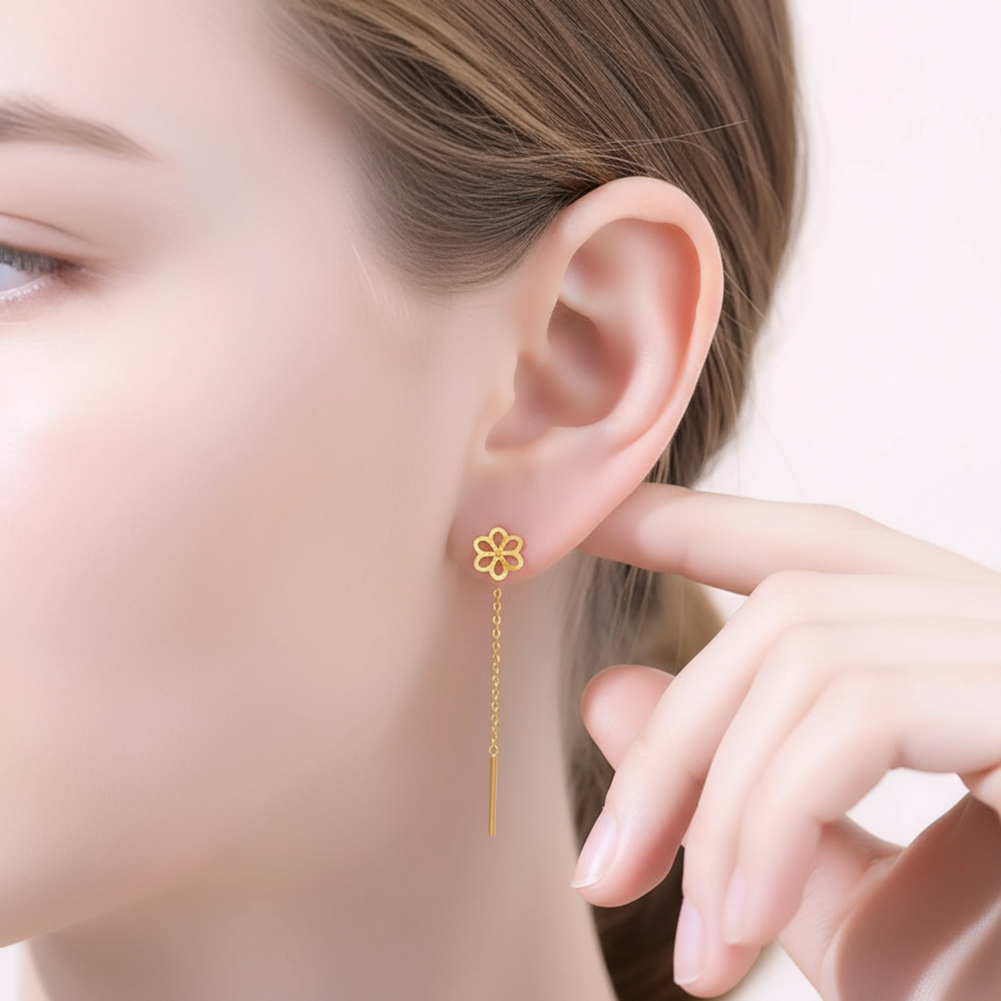 24K Authentic Pure 5G Gold Trendy Threader Chain Hollow Flower Charm Earrings
