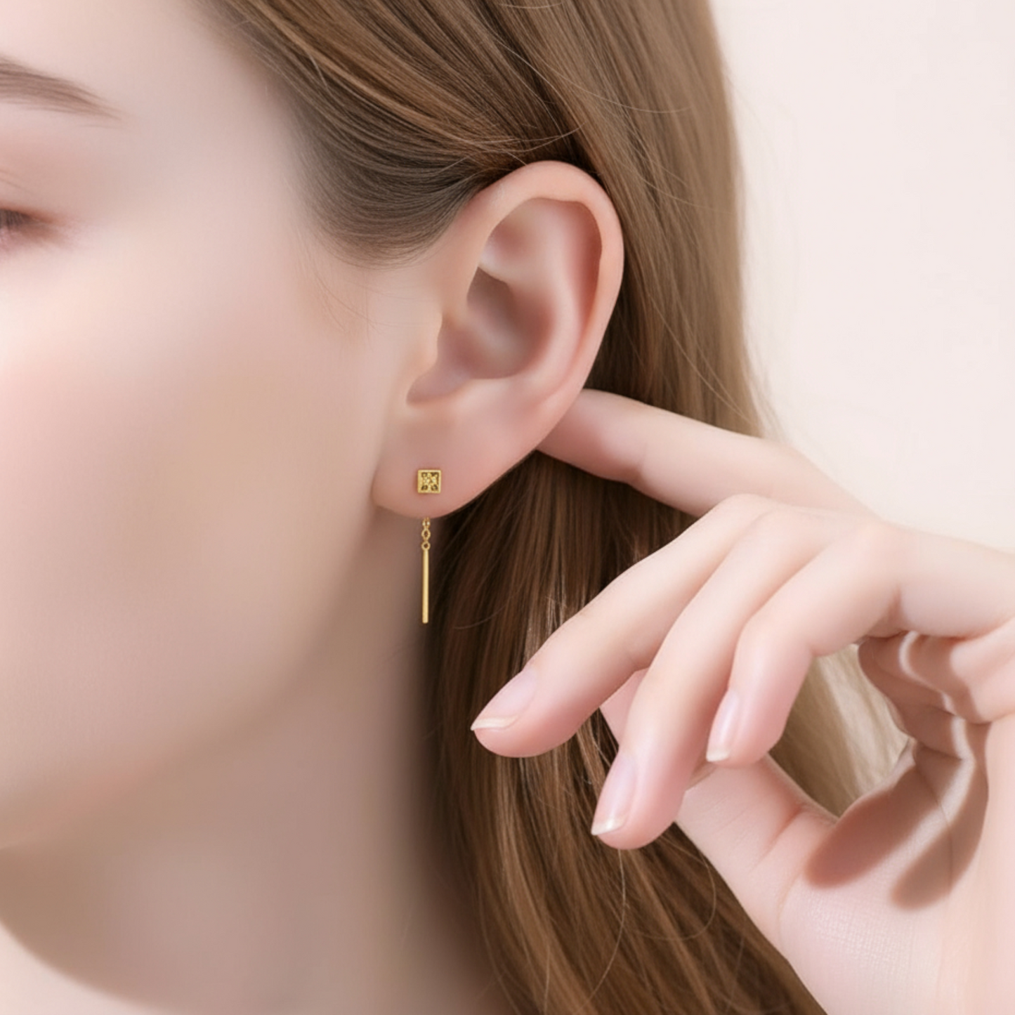 24K Gold Trendy Threader Chain Sqaure Charm Earrings