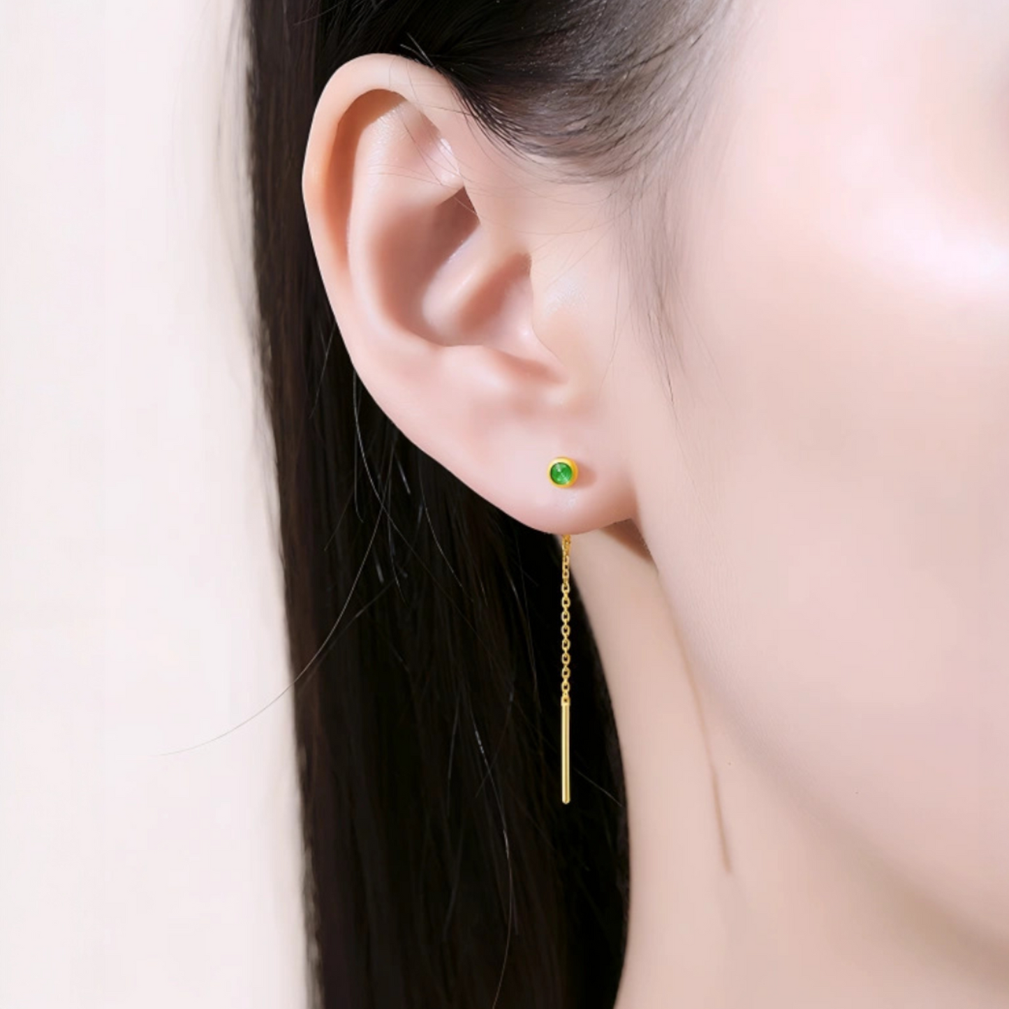 24K Gold Trendy Threader Chain Enamel Emerald Green Bead Tassel Earrings