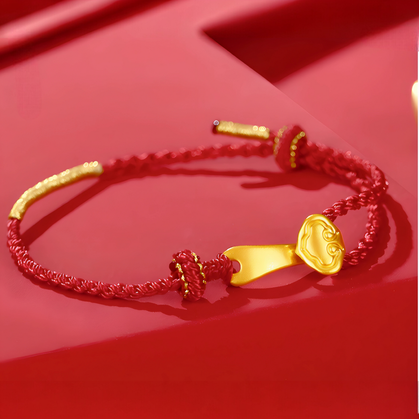 24K 999 5D Hard Gold Lucky Ruyi Charm Red Rope Braided Bracelet