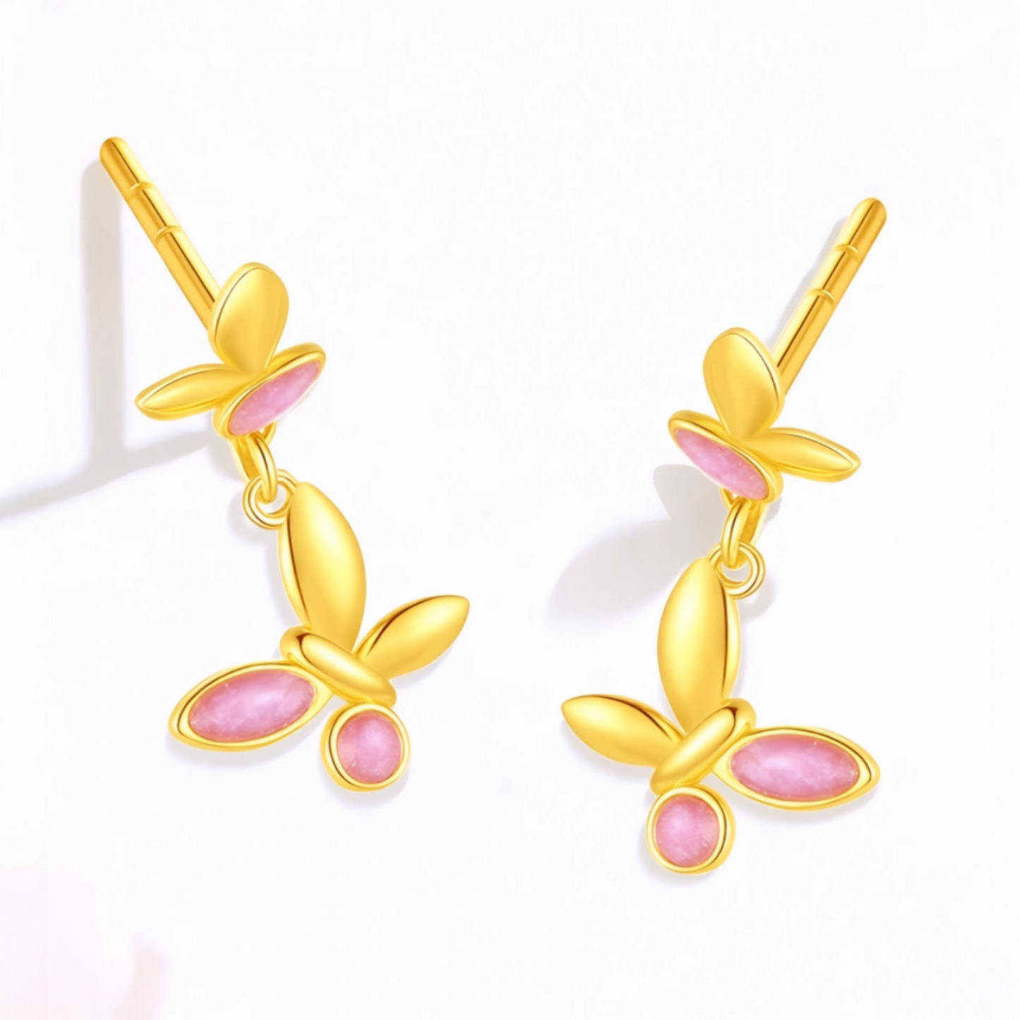 24K 999 Gold Unique and Trendy Pink Enamel Butterfly Stud Earrings
