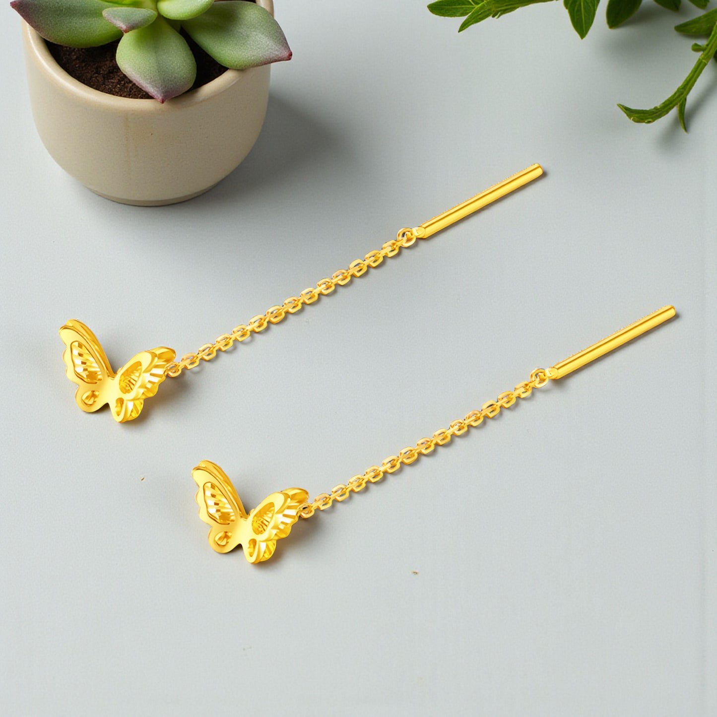 24K Gold Trendy Double Butterfly Threader Chain Tassel Earrings