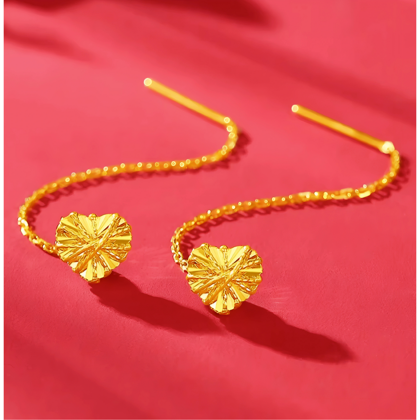 24K Gold Trendy Threader Heart Charm Chain Tassel Earrings