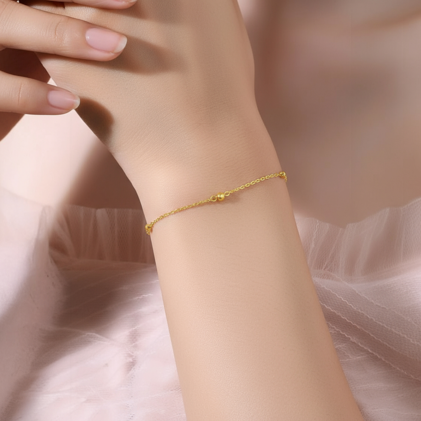 24K Yellow Gold Minimal Minimliast Beads Charm Chain Bracelet