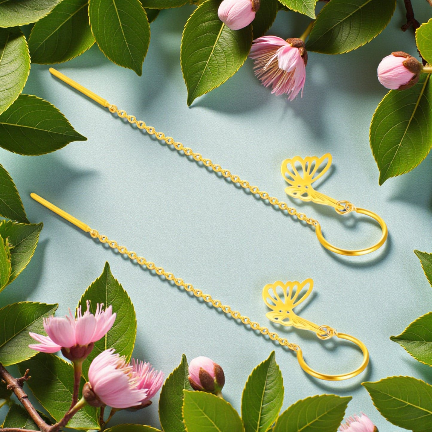 24K Gold Trendy Butterfly Threader Chain Tassel Earrings