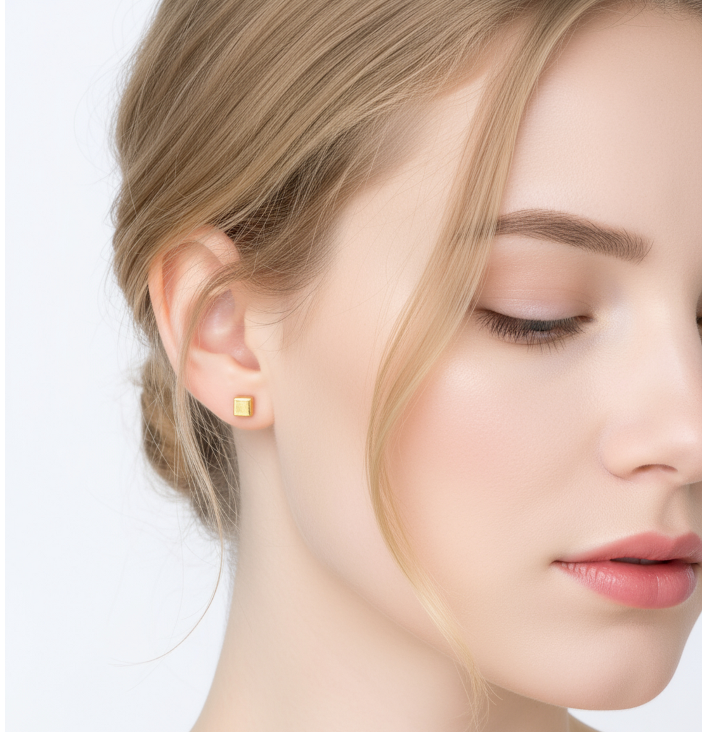 24K 999 Gold Miniature Cube Square Minimal Simple Shape Stud Earrings
