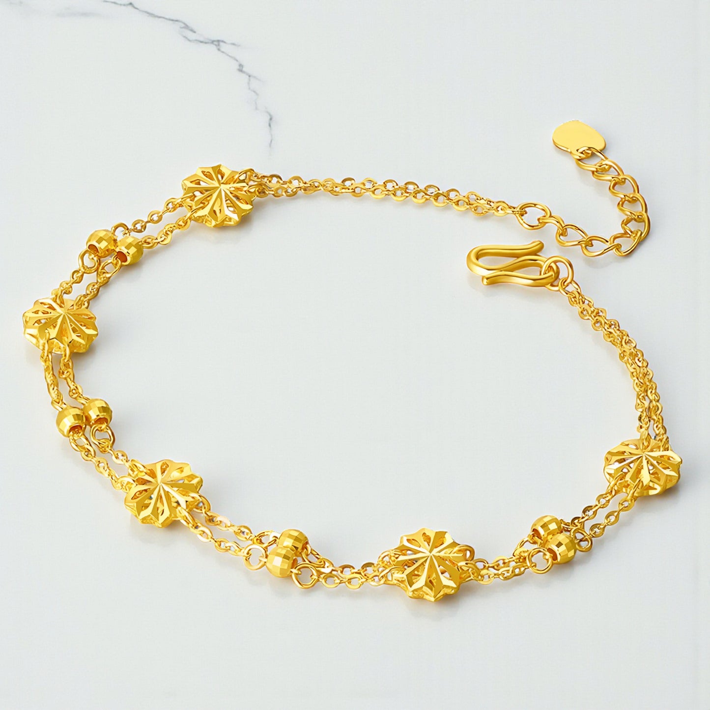 24K Pure Gold Floral Charm Elegant Double-Layered Flower Chain Bracelet