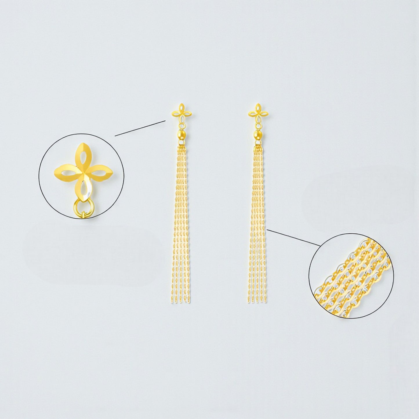 18K Gold Trendy Four Leaf Clover Charm Chain Long Tassel Threader or Stud Earrings