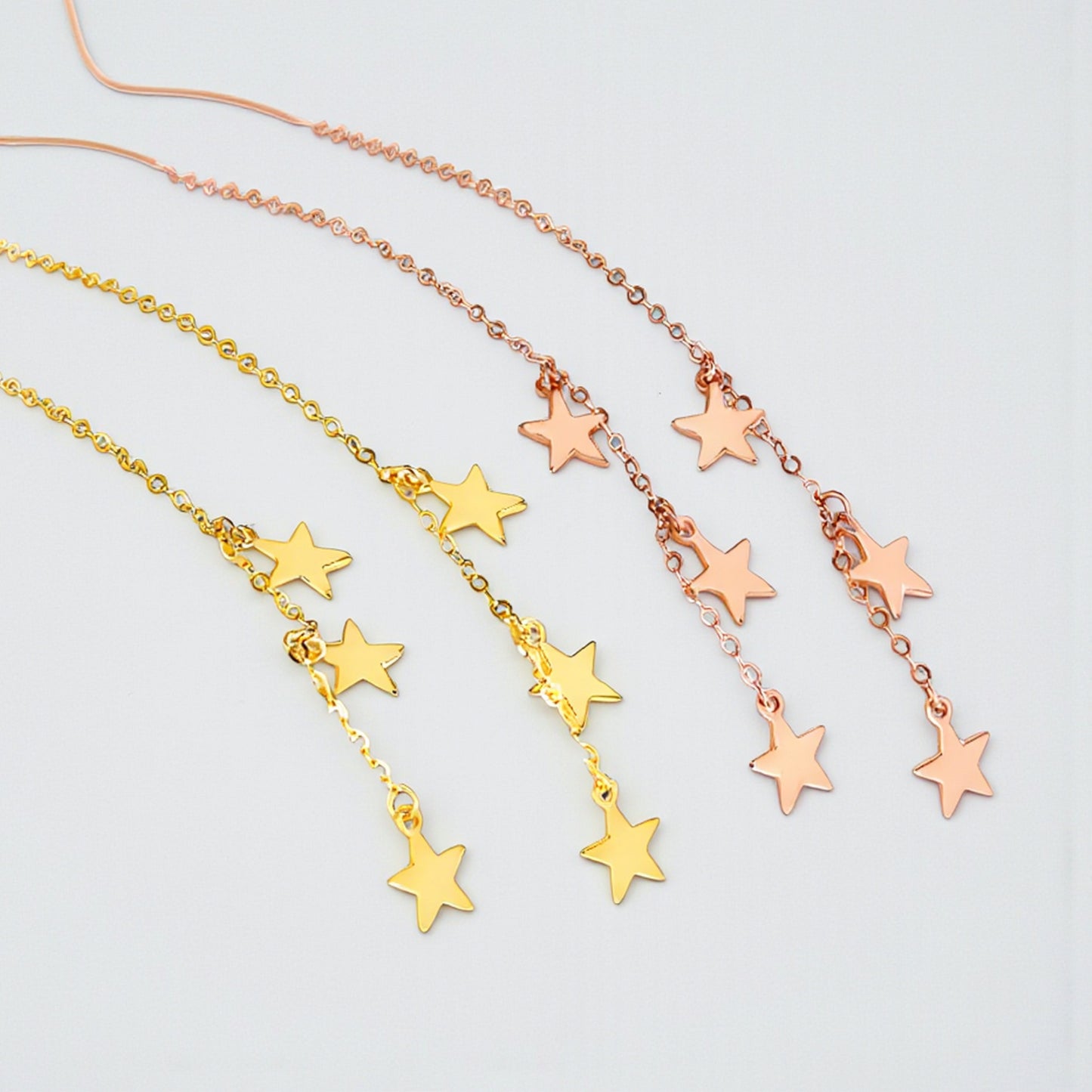 18K Yellow Gold Rose Gold Trendy Star Charm Wave Tassel Threader Earrings