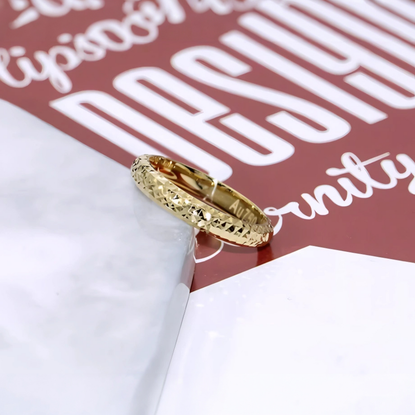 Genuine 18K Yellow Gold Rose Gold Carved Pattern Surface Band Ring