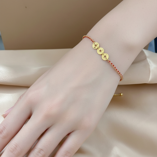 18K Gold Chinese Coin Bring Wealth Lucky Red Braided Bracelet
