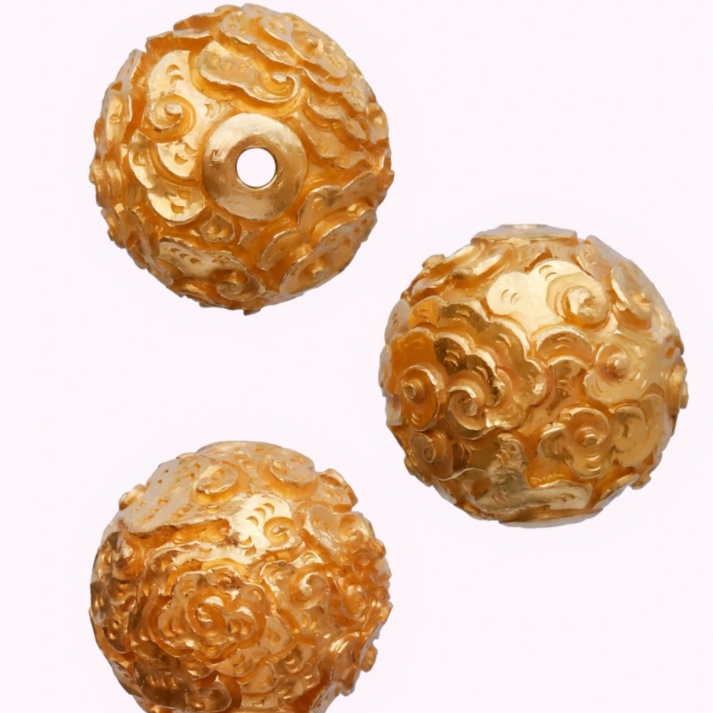 24K 999 Gold Ancient Vintage Engraved Lucky Cloud Pattern Round Bead Charm Spacer Pendant