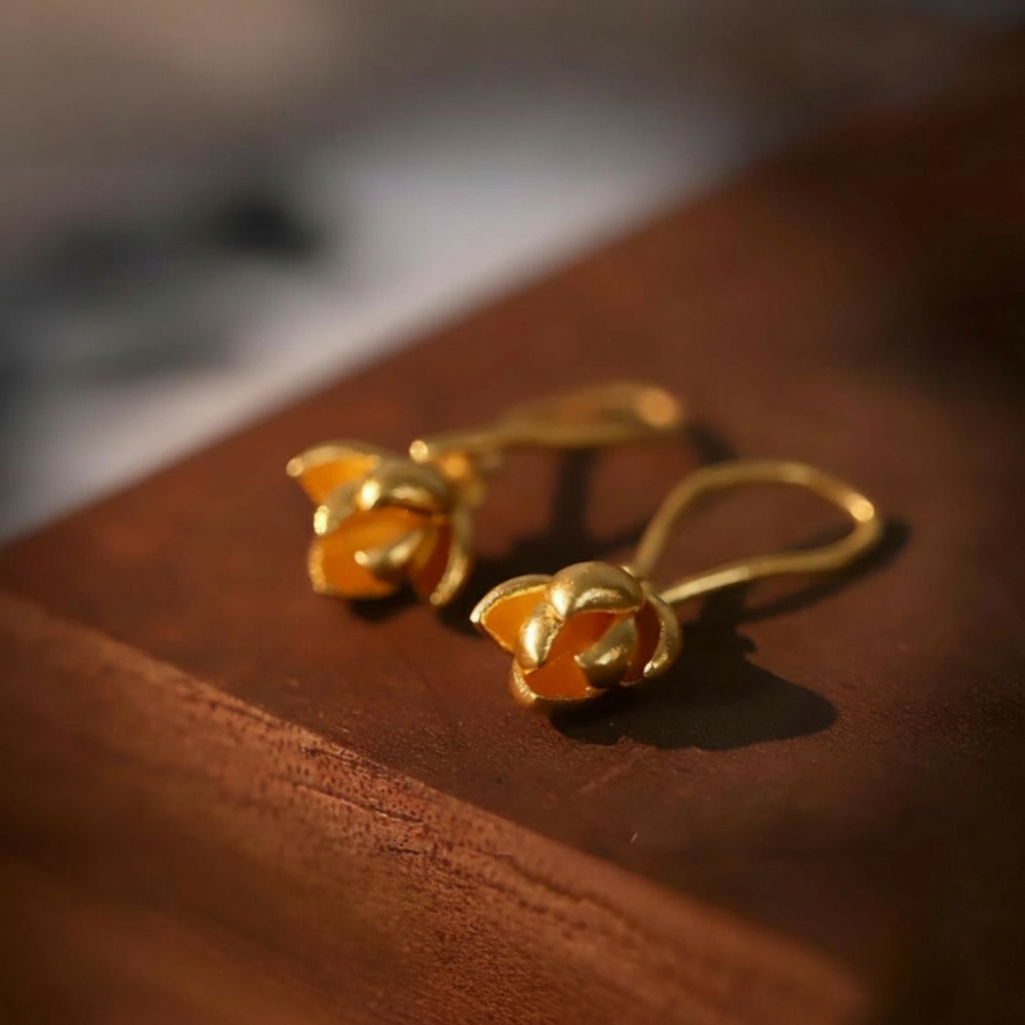 24K 999 Gold Magnolia Flower Handmade Ear Hooks Earrings