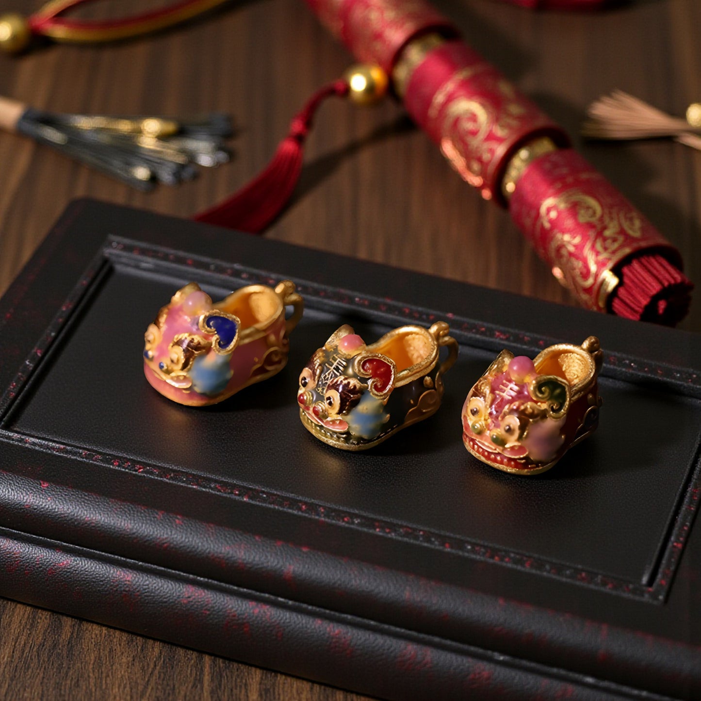 24K 999 Gold Small Cloisonné Enamel Lucky Tiger Head Shoes D.I.Y Charm Pendant