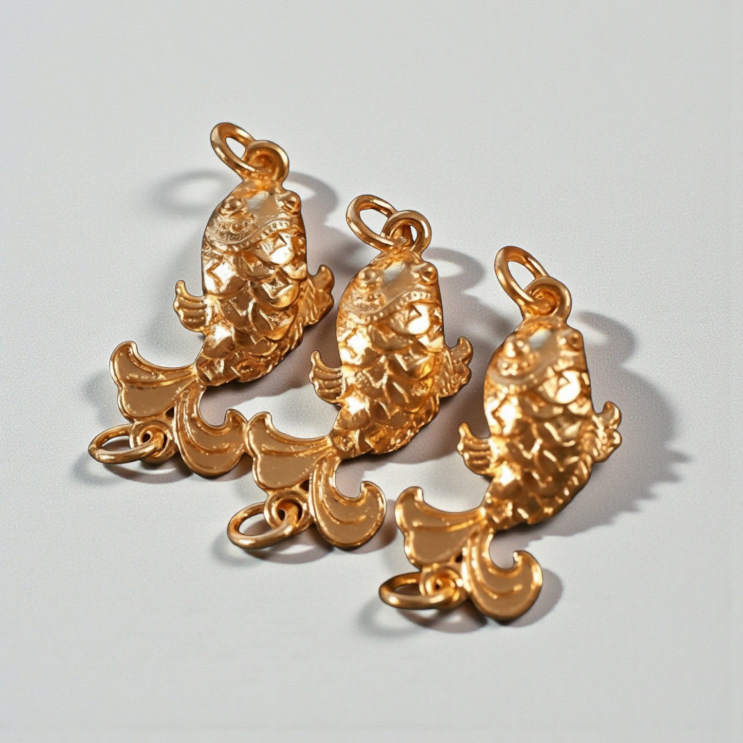 24K 999 Gold Engraved Double Hook Goldfish Fish Spacer D.I.Y Charm Accessories