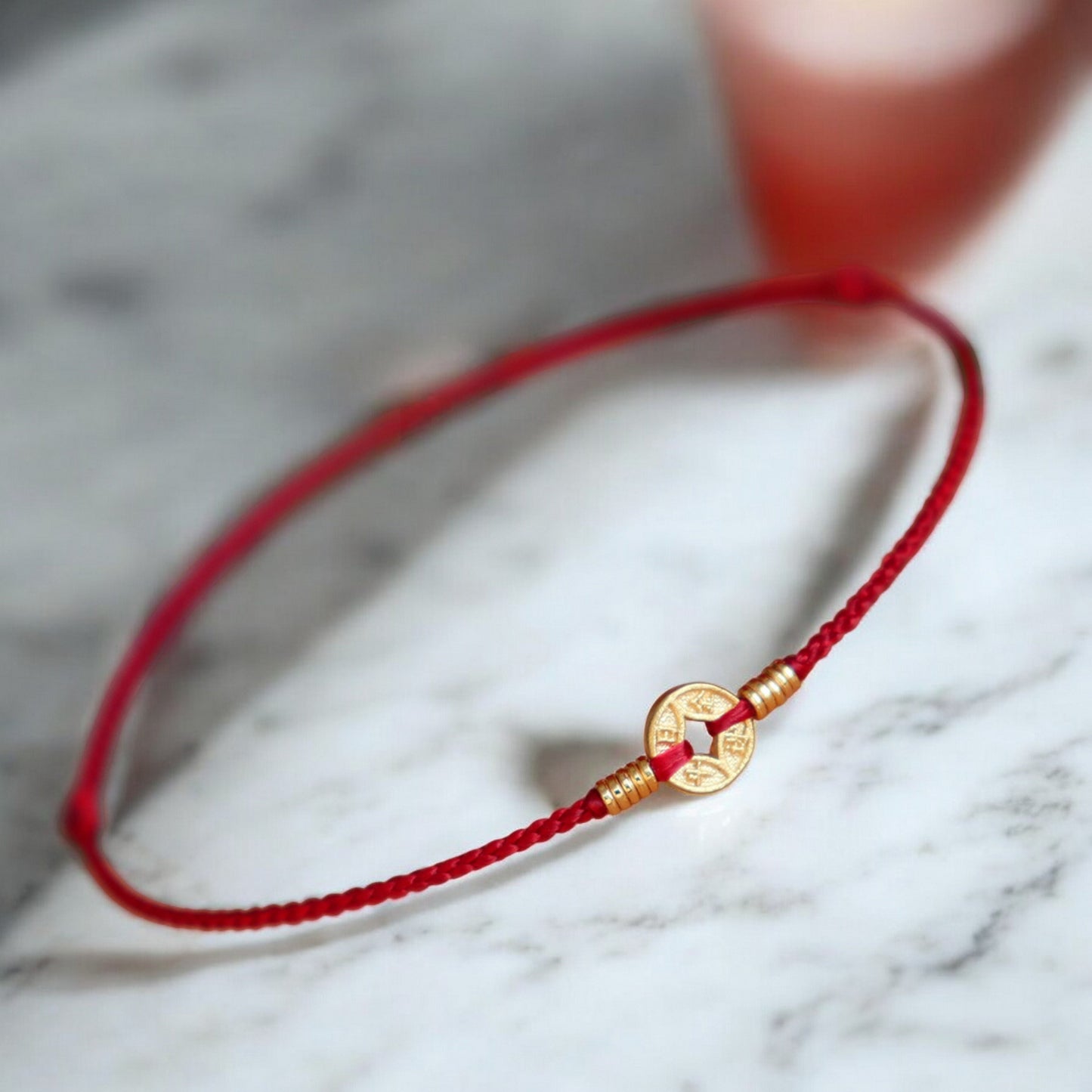 24k 999 Gold Chinese Coin Charm Adjustable Length Braided Rope Bracelet Bring Wealth