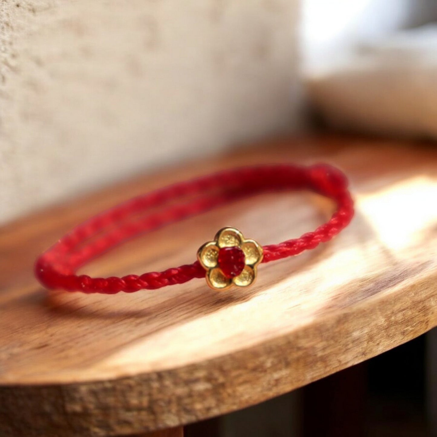 24K Gold Lucky Plum Blossom Flower Charm Adjustable Hand-Woven Ring