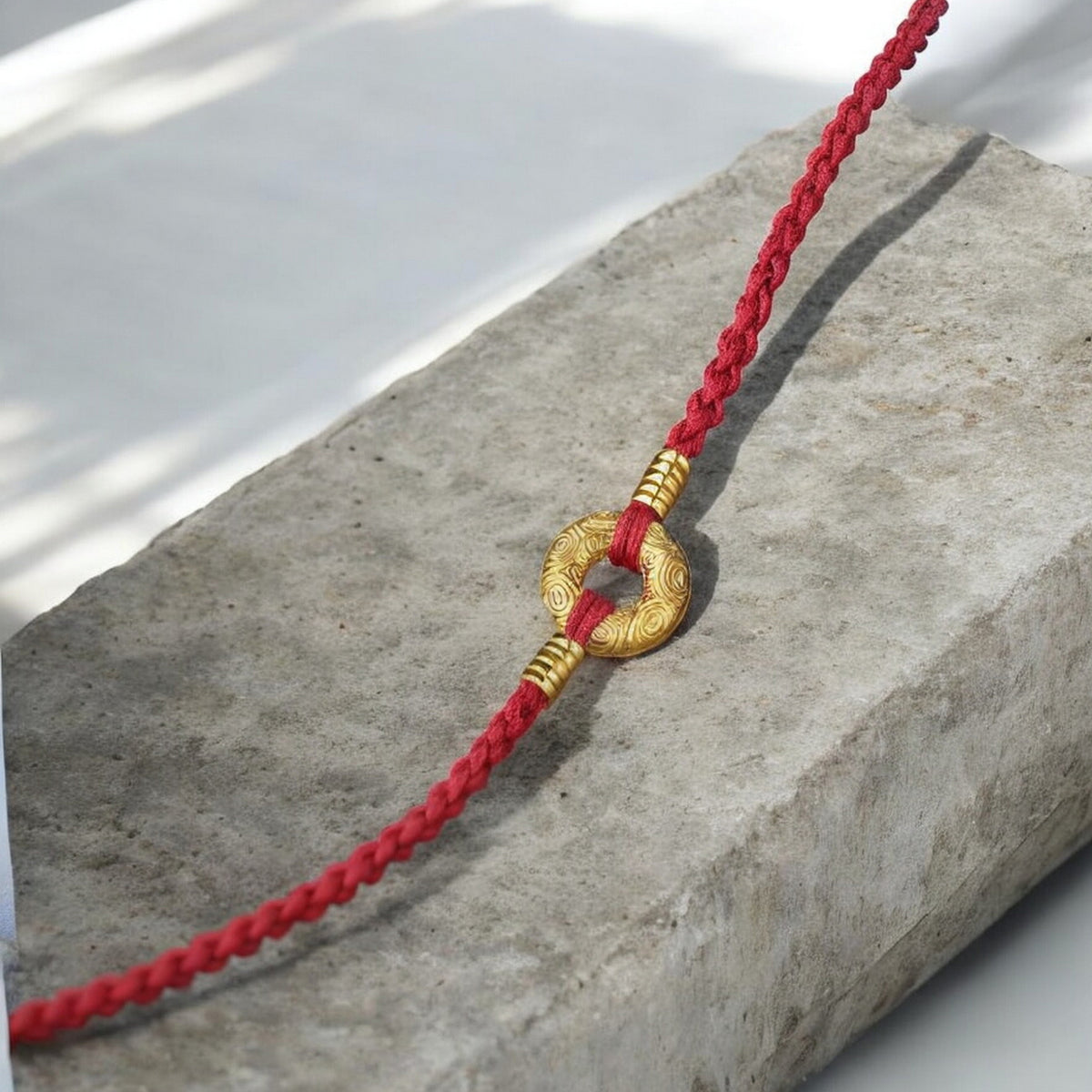24K Pure 999 Gold Safety Buckle Lucky Cloud Round Charm Red Rope Adjustable Bracelet