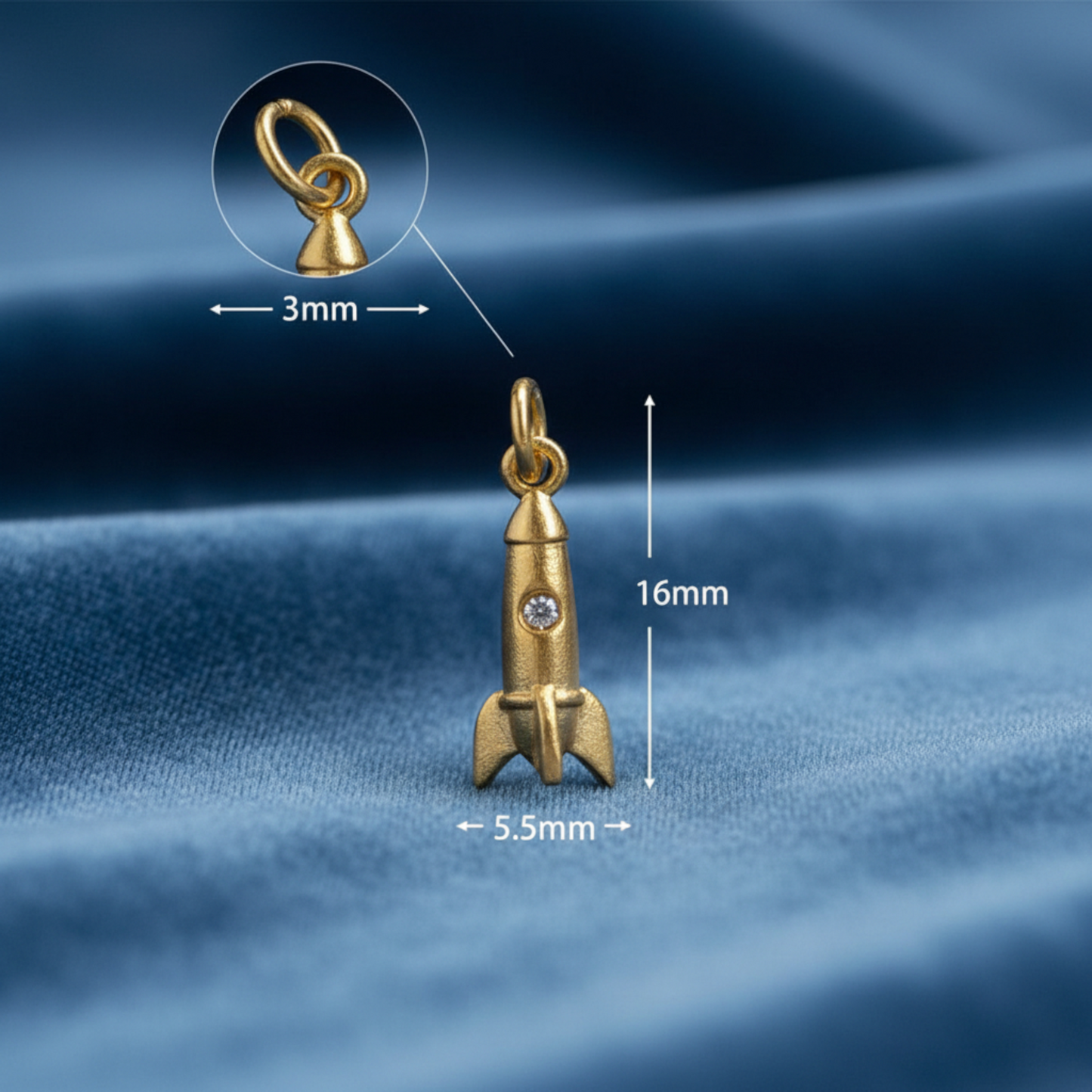 24K 999 Pure Gold Mini Ancient Style Space Rocket Moissanite D.I.Y Charm Pendant