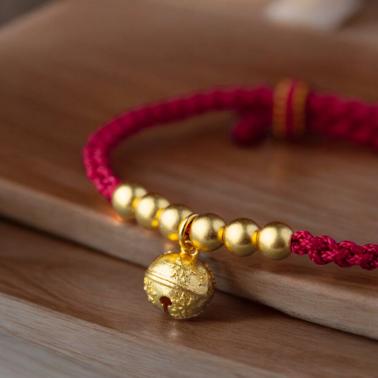 24K Pure 999 Gold Baby Beads and Bell Charm Handmade Rope Bracelet Babyshower Gift