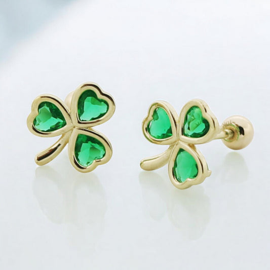 10K Real Gold Minimal Lucky Clover Leaf Screw On Earrings