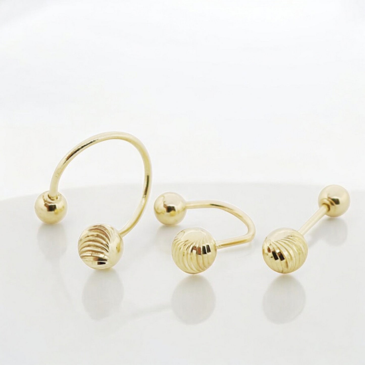 14K Real Gold Minimal Barbell Hoop Style Engraved Spiral Pattern Screw Back Earrings