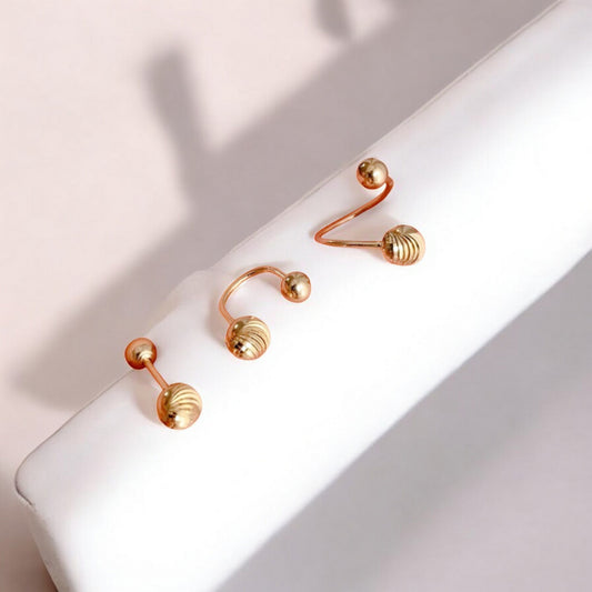 14K Real Gold Minimal Barbell Hoop Style Engraved Spiral Pattern Screw Back Earrings