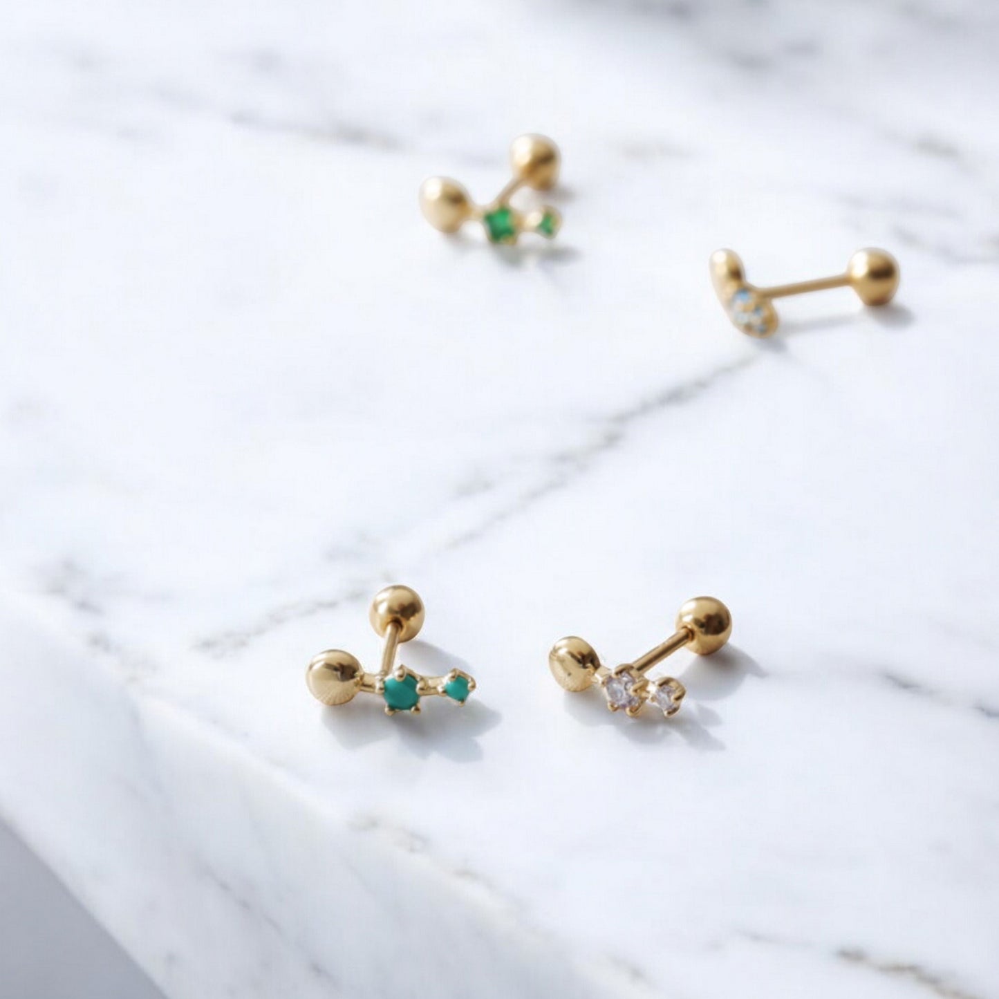 10K Real Gold Sparkling Beads Merald Aquamarine Stones Screw Cartilage On Earrings