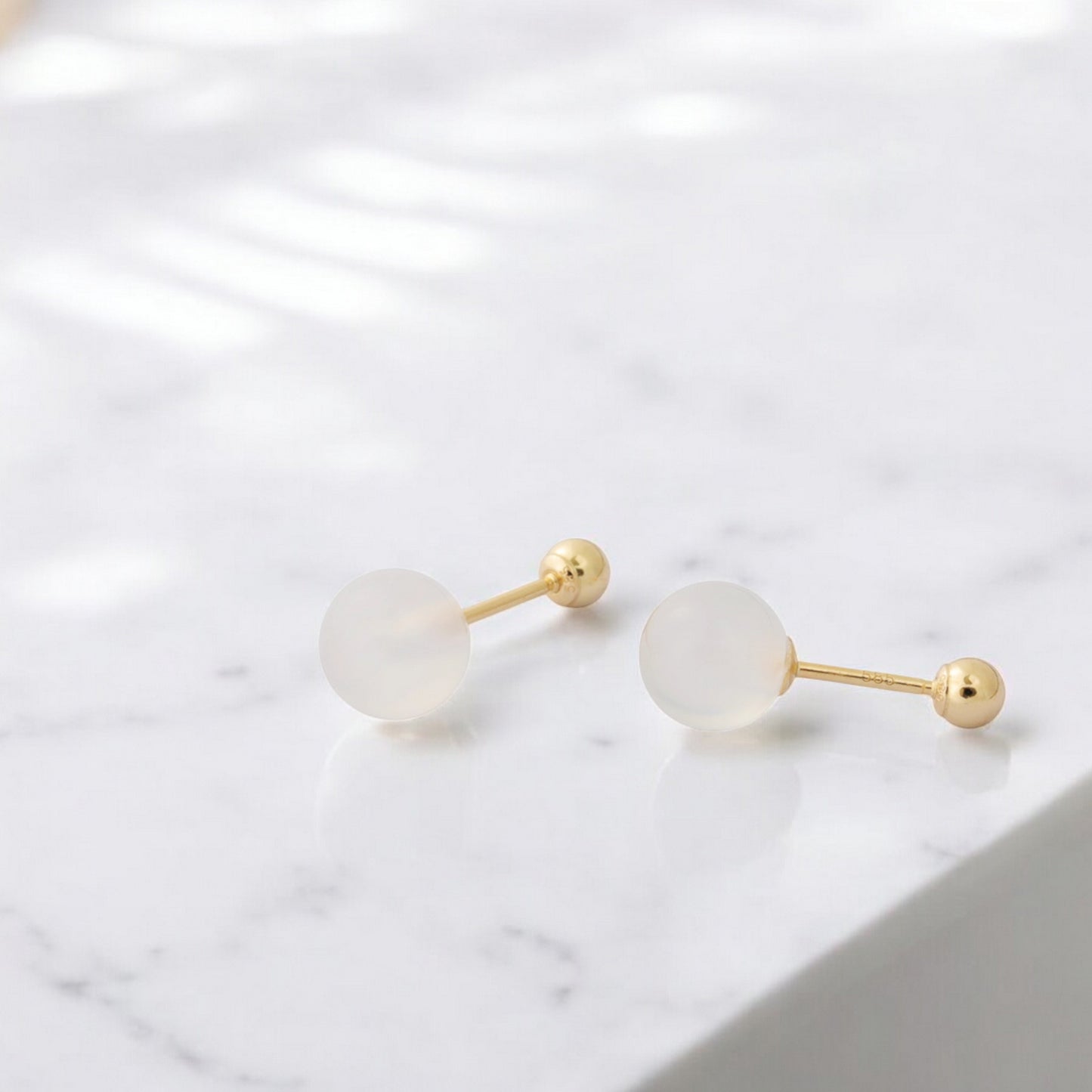 14K Pure Gold Elegant White Agate Ball Screw On Earrings