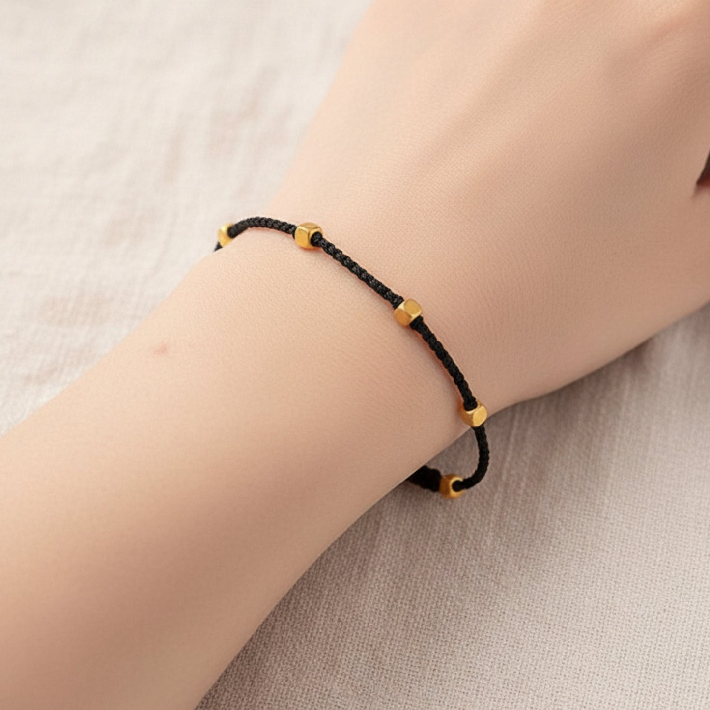 24k Pure 999 5D Hard Gold Lucky Cube Beads Braided Adjustable Rope Bracelet