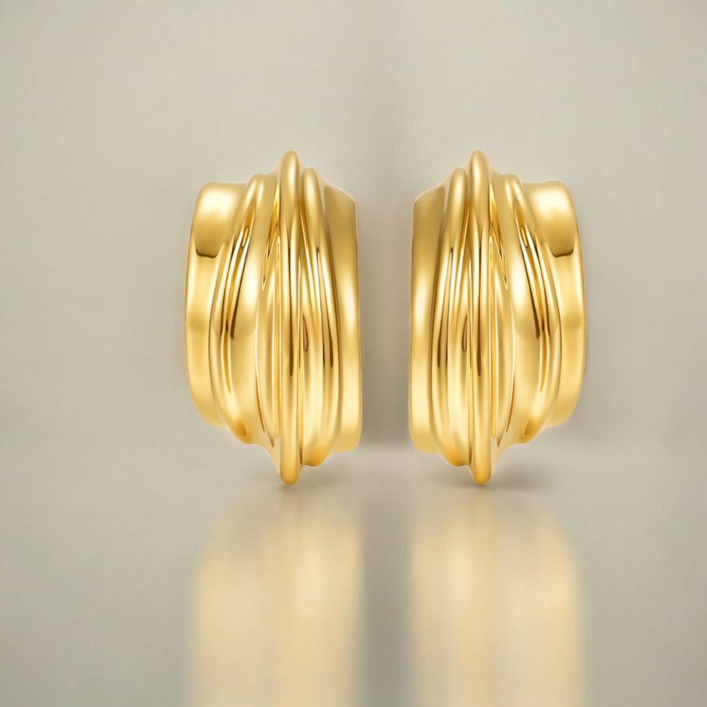 24K Real 5D Gold Minimal Glossy Folds Hoop Stud Earrings
