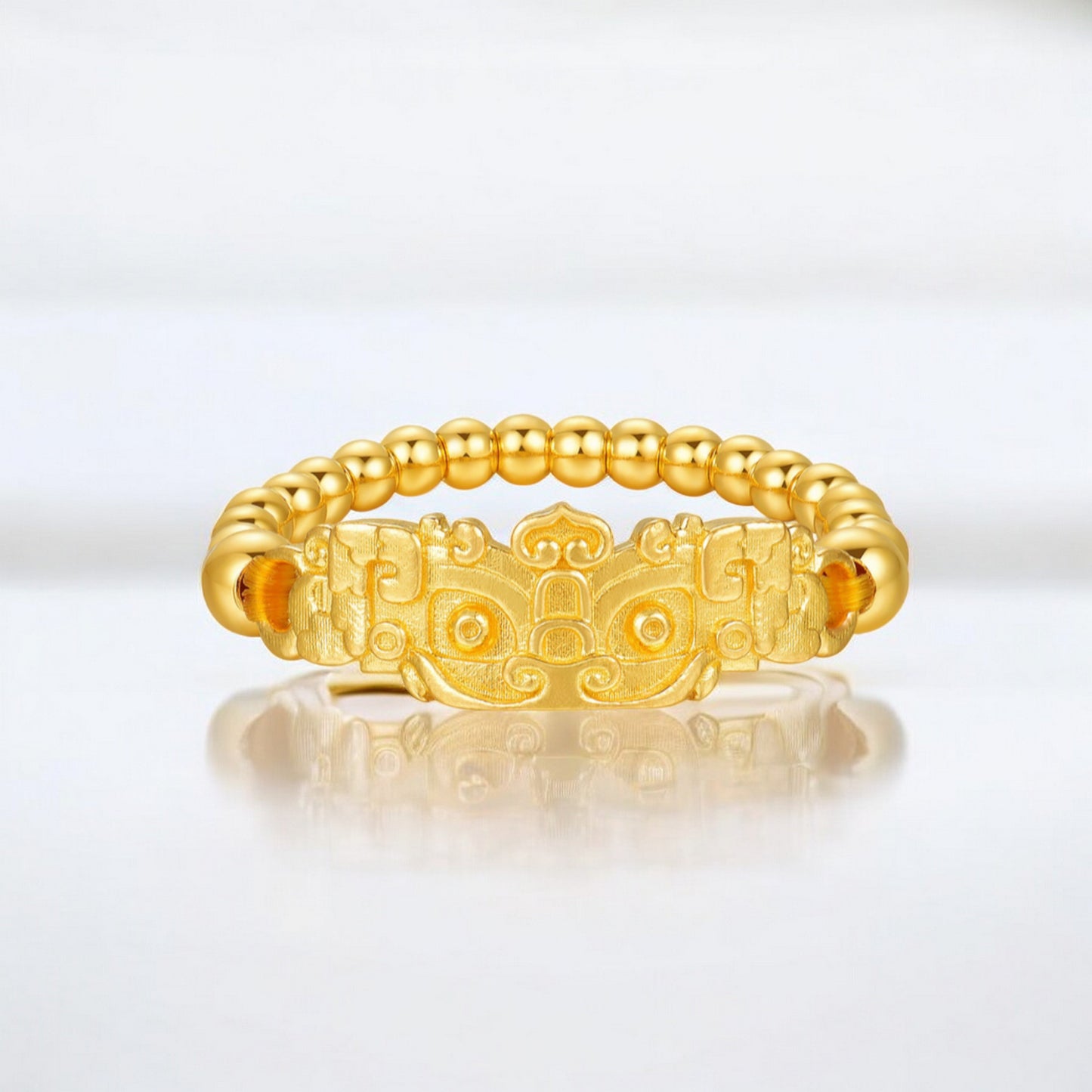 24K Real Gold Creature Bring Wealth and Luck Taotie Motif Beads Ring