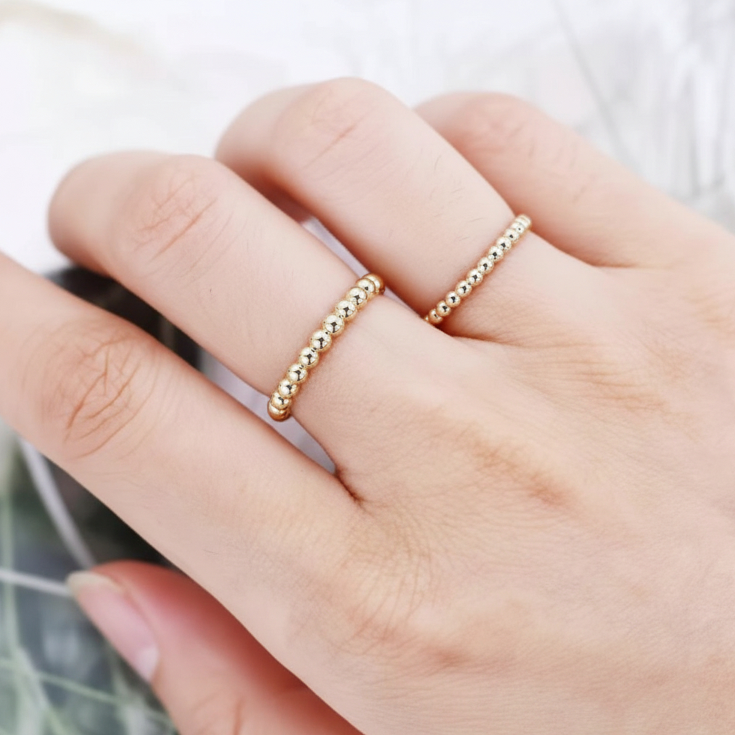 14K Real Gold Luxury Minimal Beads Stackble Band Ring