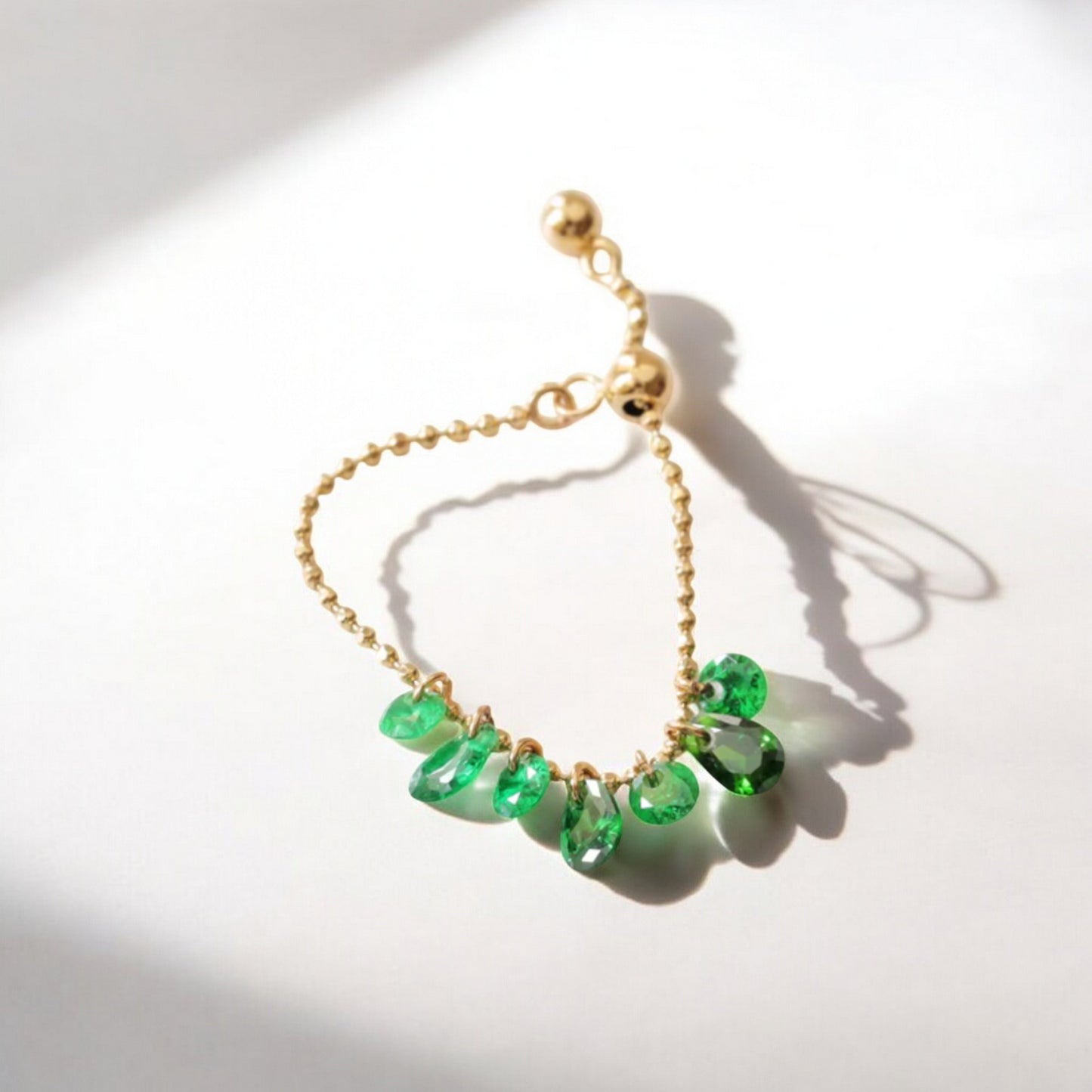 14K Real Gold Luxury Zircon Beads Chain Adjustable Ring