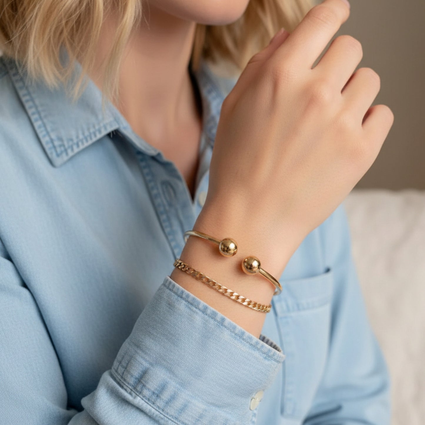 14K Gold Minimal Round Beads Bangle Bracelet