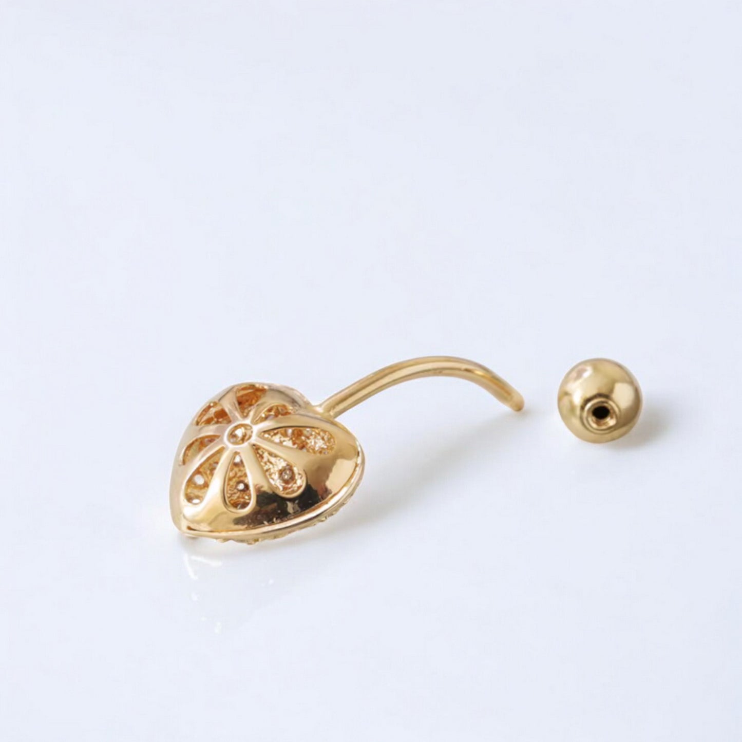 14K Real Gold Screw Zircon Heart Belly Button Ring