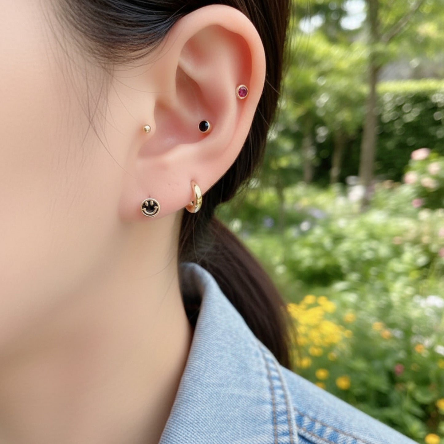14K Real Gold Mini Screw On Zircon Smiley Happy Face Earrings