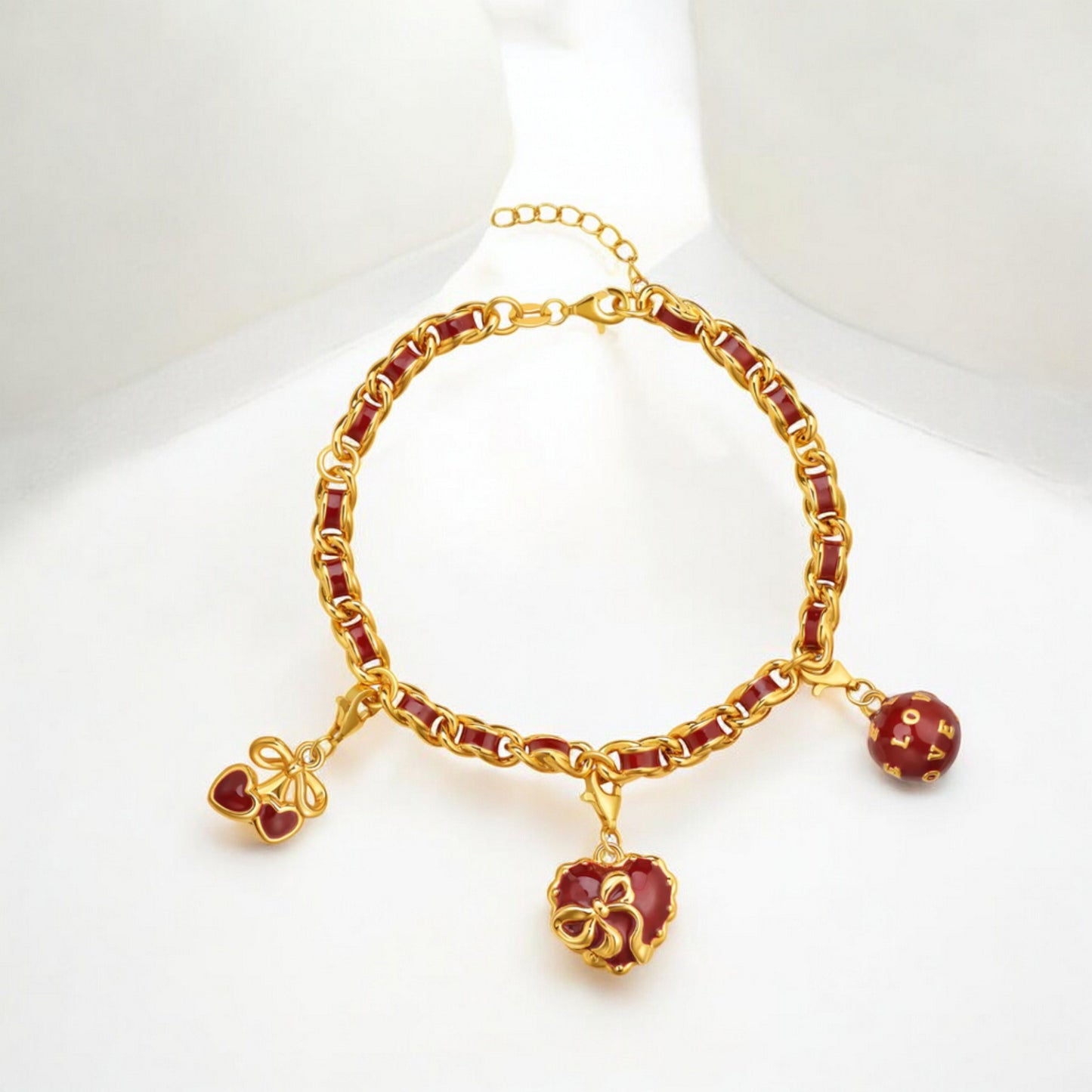 24k Real 5D 999 Gold D.I.Y Red Enamel Cherry Heart Dog Charm Accessories Gift
