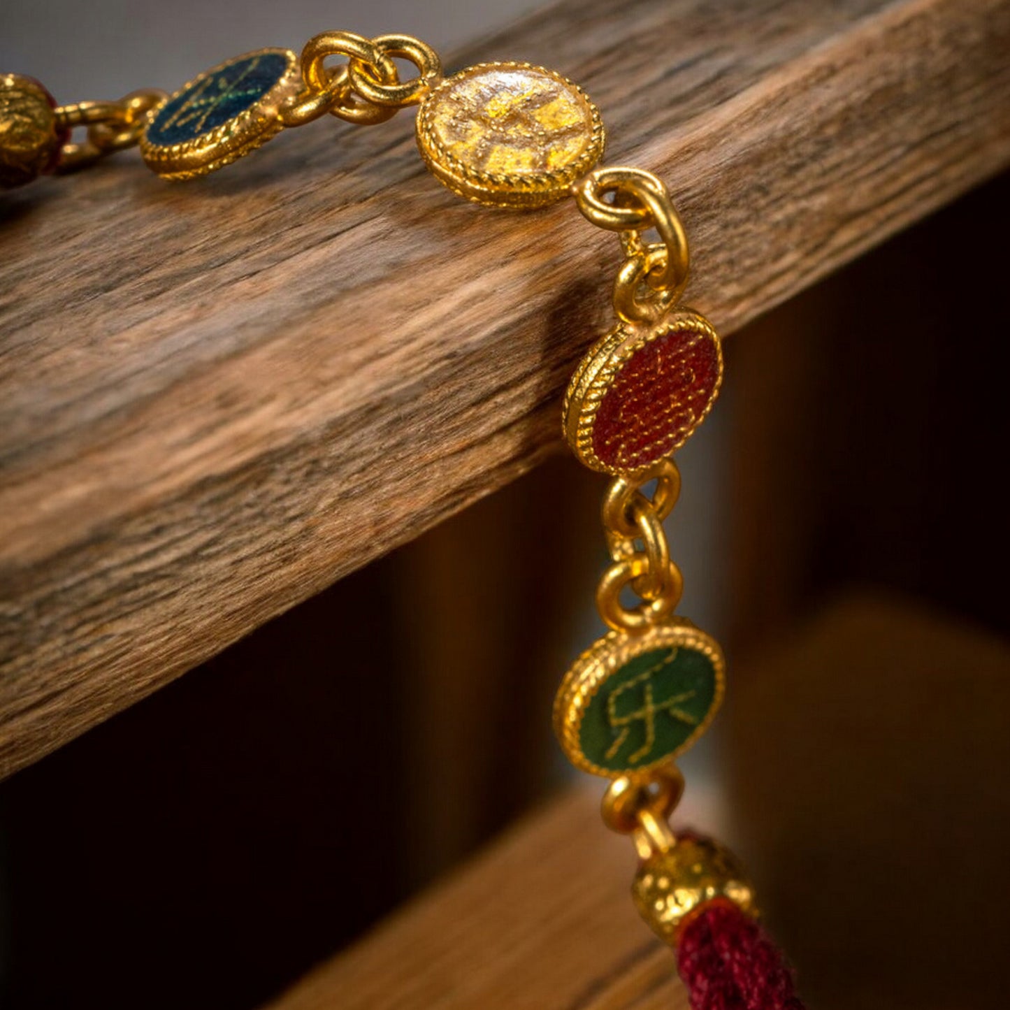 24k 999 Gold Enamel Chinese Word Peace and Joy Charm Rope String Bracelet