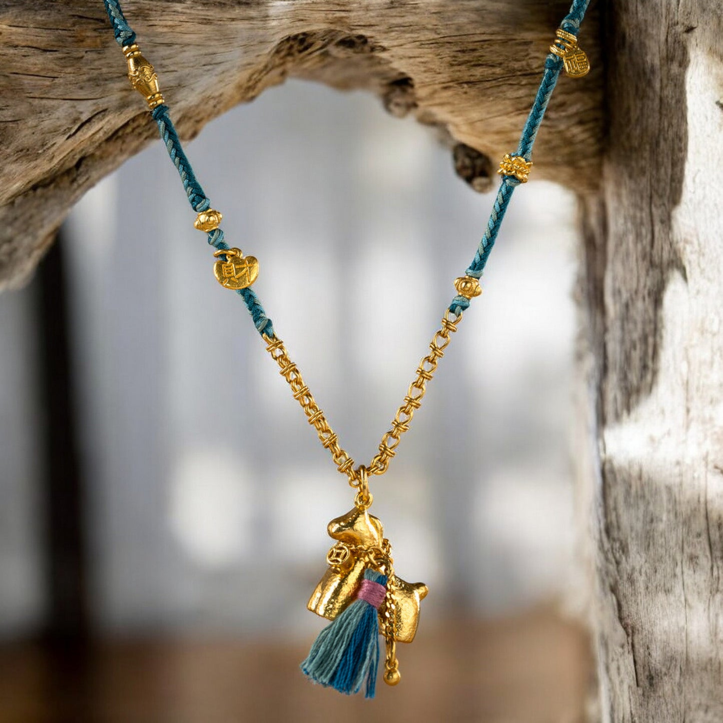 24k 999 Gold Traditional Bring Wealth Horse Charm Hand-Woven Rope Necklace