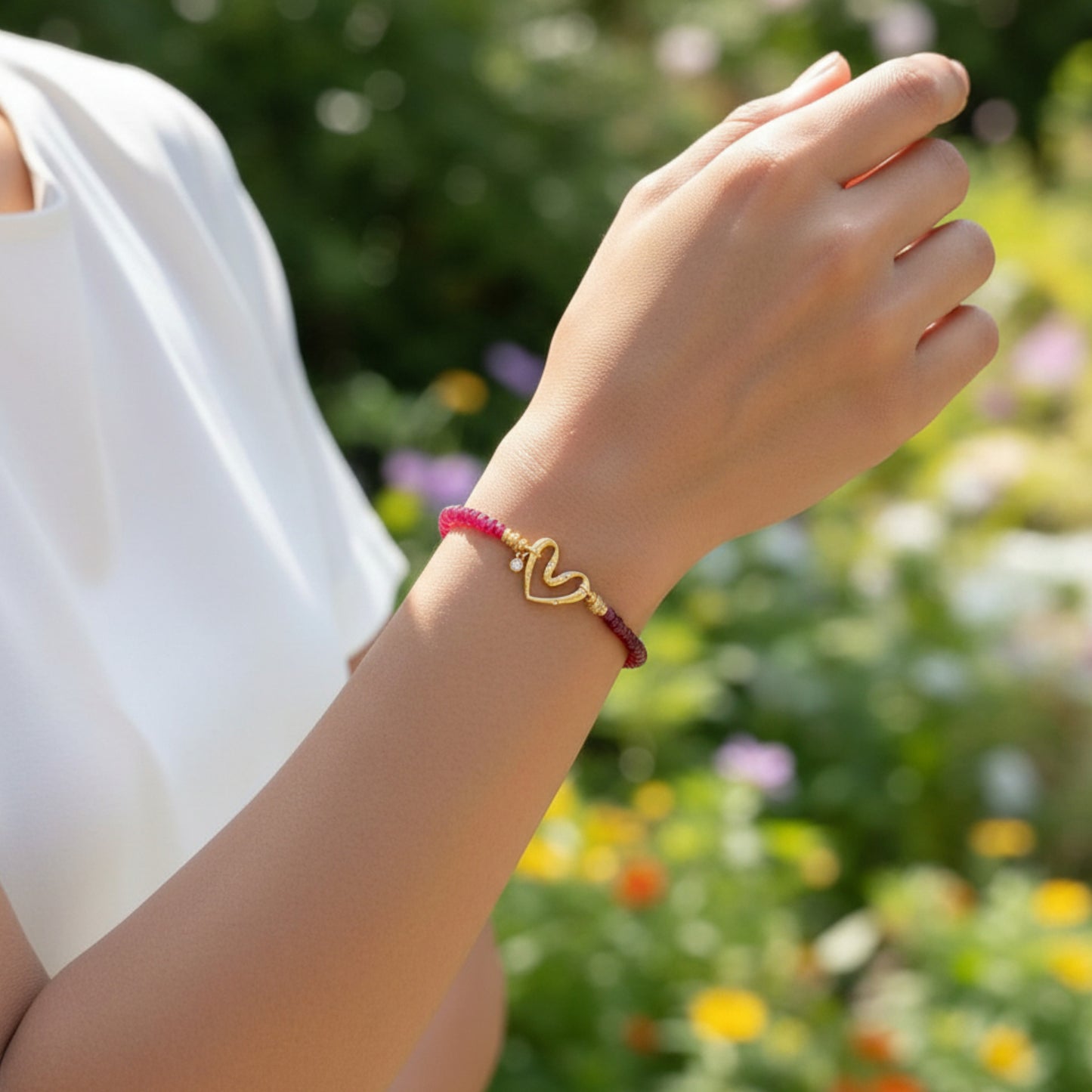 24k 999 Gold Natural Ruby Moissanite Heart Charm Beads Bracelet