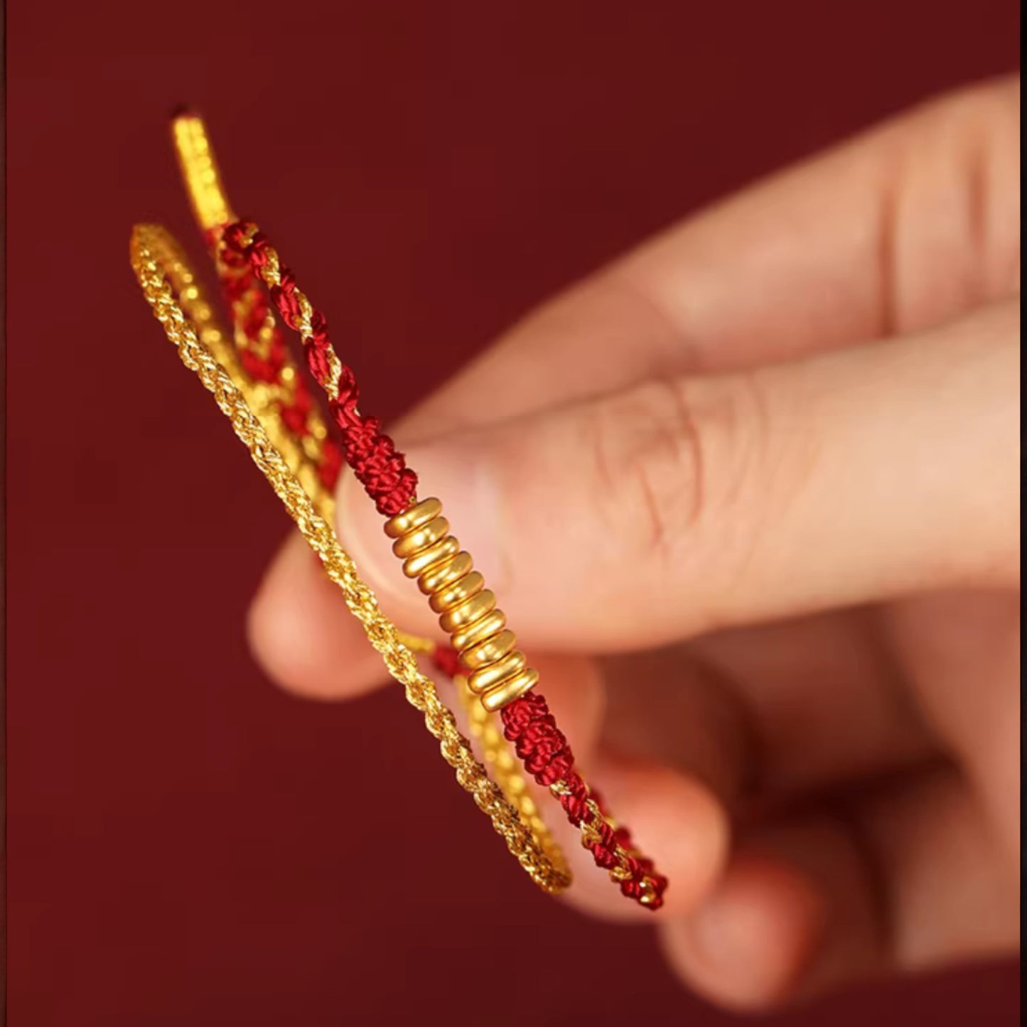 24k 999 Gold Beads Double Layer Red String Braided Rope Bracelet