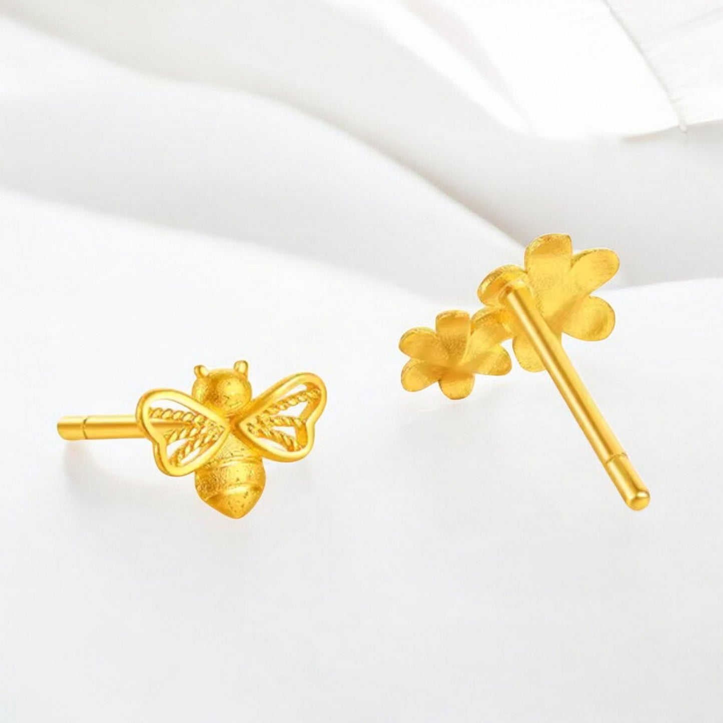 24K Real Gold Flower and Honey Bees Stud Earrings