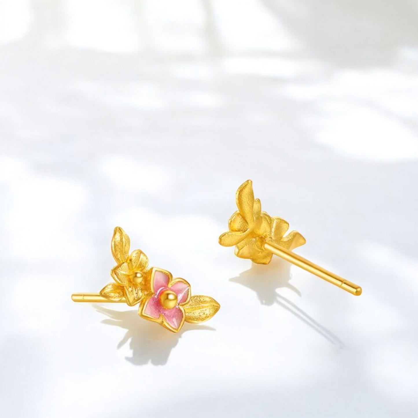 24K Real Gold Enamel Flower Stud Earrings